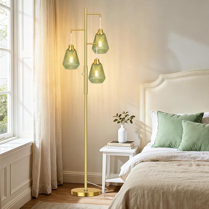QiMH Glass Floor Lamps for Living Room, Tree Standing Lamp with Stepless Dimmable, 68" Modern Tall Lamps for Bedroom Home Office, Rotary Switch, 3 LED Bulb Included, Brushed Gold