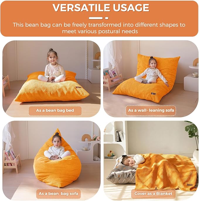 MAXYOYO 3 in 1 Kids Bean Bag Chair Bed, Convertible Chair Folds from Bean Bag to Lounger, Child Floor Sofa for Gaming, Reading, Floor Mattress with High-Density Foam Filling