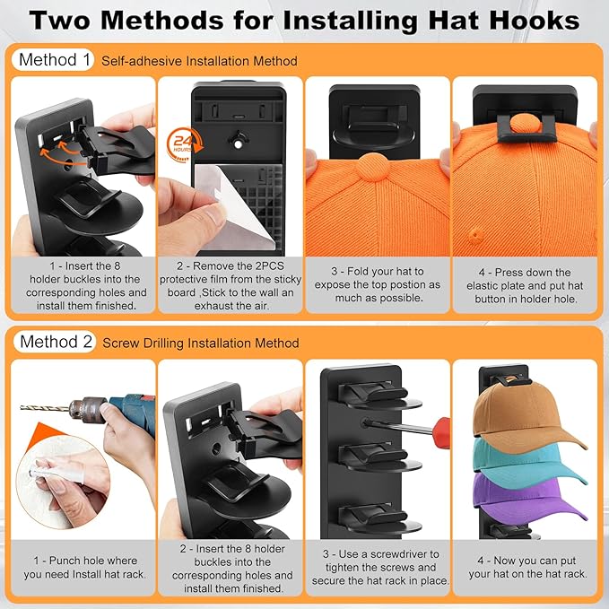 1 Pack Hat Organizer for Baseball Caps, Hat Rack for Wall Hold Up 8 Hats, Strong Adhesive & Screw-in Cap Holder hat hangers for Closet Door & Bedroom (Black-1Pack)