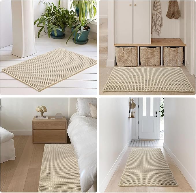 Pale Beige Bathroom Rug, Waffle Bath Mat Non Slip Washable Super Absorbent Quick Dry Boho Farmhouse Bathroom Decor, 24''x16'' Pale Beige