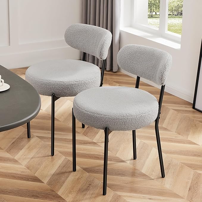 Dining Chairs Set of 2, Mid Century Modern Boucle Upholstered Kitchen Chair with Curved Backrest & Metal Legs for Home/Living Room/Bedroom/Office-Grey