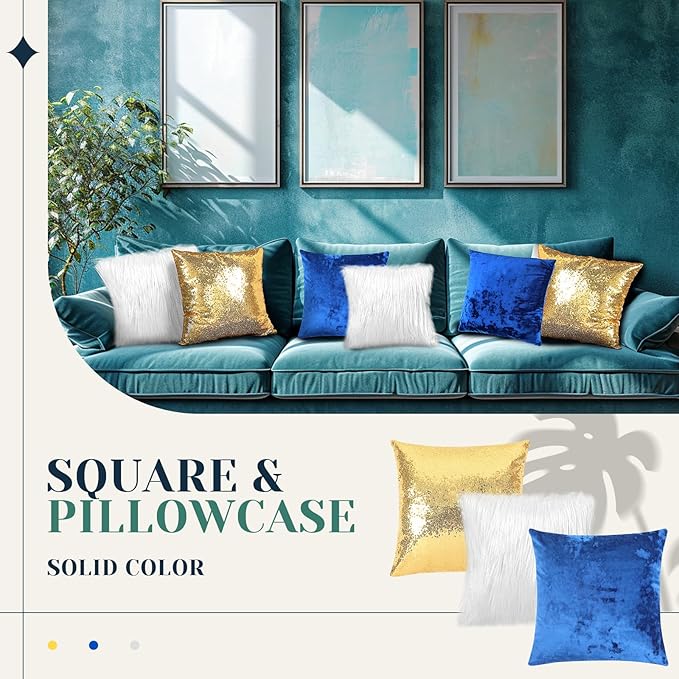 Pack of 6 Decorative Velvet Throw Pillow Covers Solid Square Soft Pillowcase Set Cushion Cases for Sofa Couch Bed Car Christmas Fall Home Decor 18 x 18 inch(Blue White Gold)