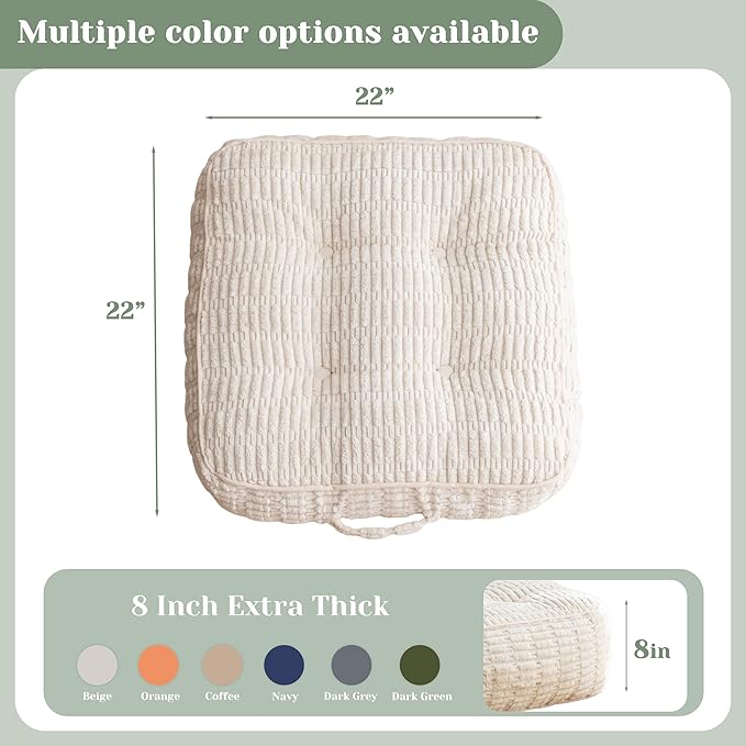 8" Washable Floor Pillow Cushion for Adults, Meditation Cushion Pillow, Removable Tufted Blended Corduroy Cover, Large Square Floor Sitting for Tatami Living Room or Yoga, 2Pack, Machine Washable