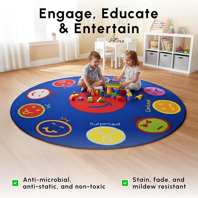 SAFECASTLE Kids Carpet My Feelings Rug 6'6" Round Educational Emotions Area Rug with Colorful Faces & Expressions–Learning Carpet for Kids, Toddlers, Preschool, Classroom, Nursery, Playroom & Daycare