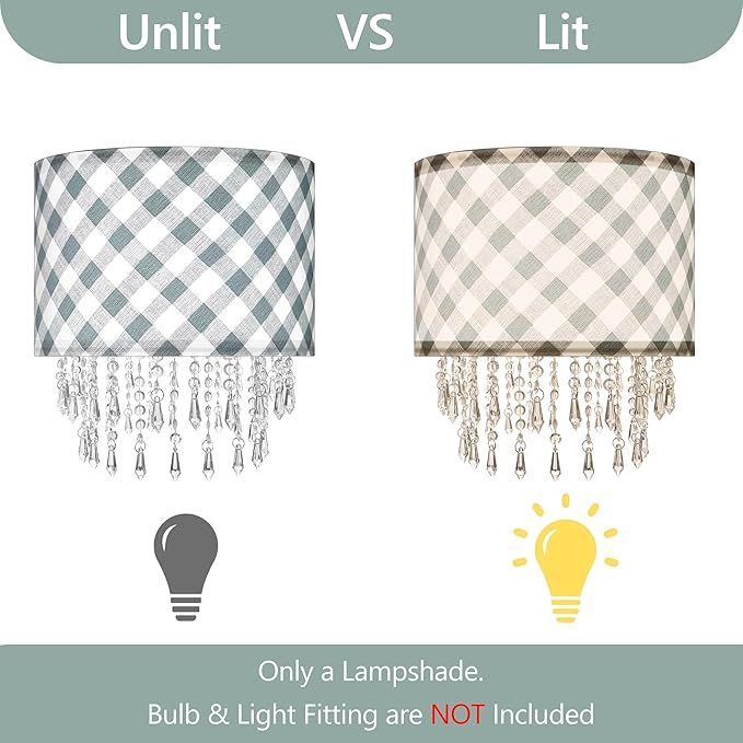 Teal & Grey Checkered Lamp Shade with Crystal Beaded Droplets, Drum Fabric Light Shade for Ceiling Pendant Table & Floor Lamps, Kid Boy Girl Teen Dorm Nursery Decor, 11.8in