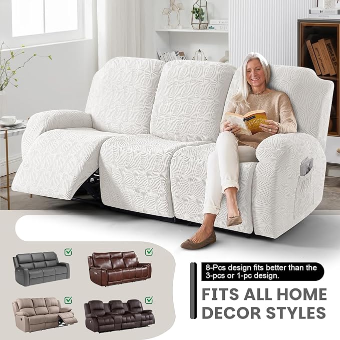 VANSOFY Recliner Couch Cover, 8-Pieces Stretch Recliner Sofa Cover Soft Jacquard Reclining Slipcover Furniture Protector with Elastic Bottom for Kid, Pets(3 Seat,Porcelain White)