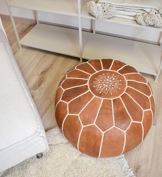 Poufs&Pillows Premium Moroccan Leather Pouf - Handmade - Delivered Stuffed - Ottoman, Footstool, Floor Cushion (Natural)