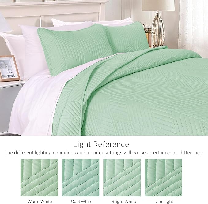 Exclusivo Mezcla Ultrasonic Full Queen Quilt Bedding Set, Lightweight Mint Green Bedspreads Soft Modern Geometric Coverlet Set for All Seasons (1 Quilt and 2 Pillow Shams)