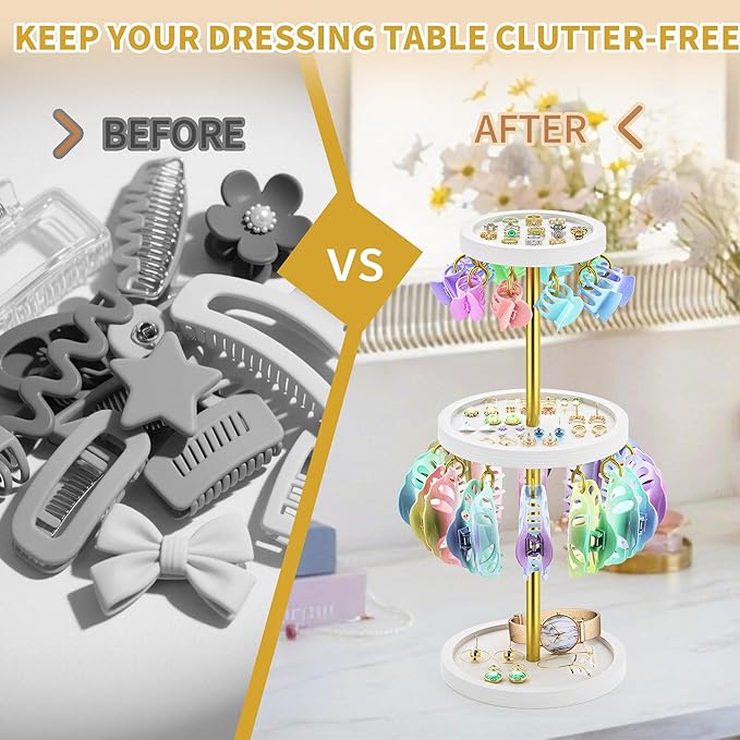 2 Tier Metal Claw Clip Organizer Holder for Women, Table Hair Clip Storage Holder with 22 Hooks and 3 Trays, Hair Accessories Organizer Display Stand for Dressing Table (White)