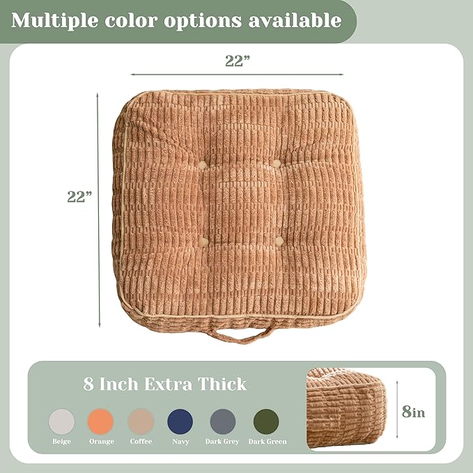 8" Washable Floor Pillow Cushion for Adults, Meditation Cushion Pillow, Removable Tufted Blended Corduroy Cover, Large Square Floor Sitting for Tatami Living Room or Yoga, 22x22 Inch, Machine Washable