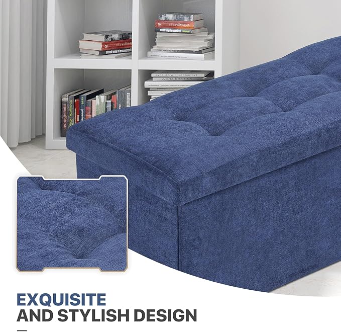 MoNiBloom 30 Inch Storage Ottoman Bench, Rectangle End of Bed Bench, Storage Padded Seat, Linen Fabric Ottoman Footrest for Living Room, Bedroom, Entryway, Navy Blue
