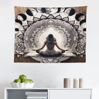 Ambesonne Mandala Tapestry, Meditating Lady with Ethnic Florals and Lunar Phases Frame Rustic, Fabric Wall Hanging Decor for Bedroom Living Room Dorm, 28" X 23", Cocoa Charcoal Grey White