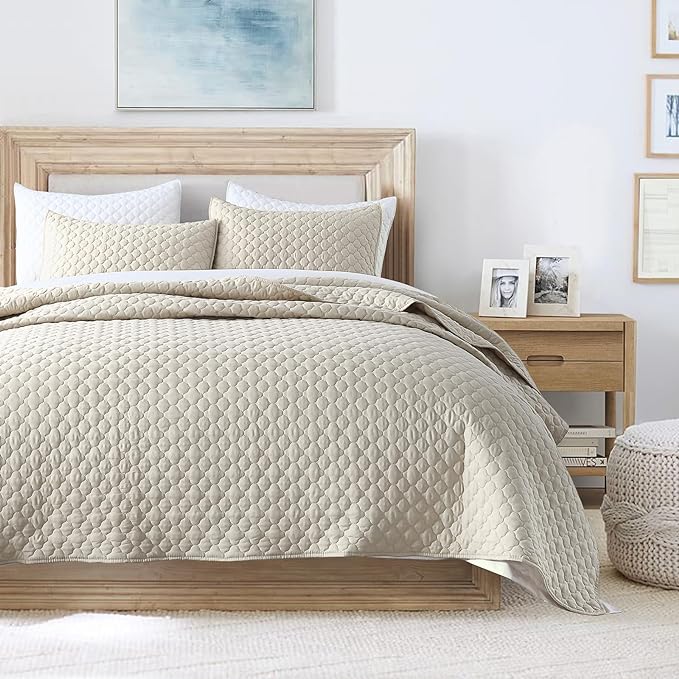 HORIMOTE HOME Quilt Set Twin Size Beige Bedspread, Modern Style Quilted Clouds Pattern Soft Coverlet Set Lightweight Microfiber Quilted Bedspread for All Season, Includes 1 Quilt and 1 Pillow Sham
