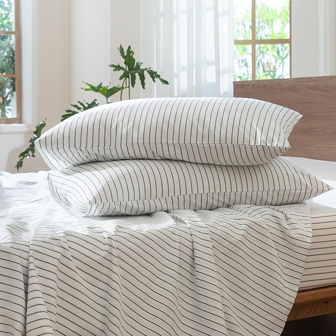 MooMee Striped Duvet Cover Set 100% Washed Cotton Linen Like Textured Breathable Durable Soft Comfy (White Heathered Green Wide Stripes, King 104"x90")