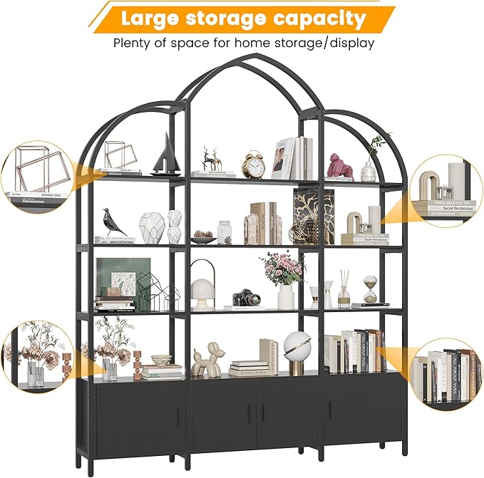 Semoic 85.8" Tall Arched Bookshelf with Door, 5-Tier Etagere Bookcase with Storage Cabinet Shelf, Triple Wide Industrial Bookshelf, Free Standing Display Shelf for Living Room Home Office, Black