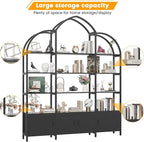 Semoic 85.8" Tall Arched Bookshelf with Door, 5-Tier Etagere Bookcase with Storage Cabinet Shelf, Triple Wide Industrial Bookshelf, Free Standing Display Shelf for Living Room Home Office, Black