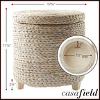 Casafield 17" Round Storage Ottoman with Lid - Whitewash, Handwoven Water Hyacinth Footstool for Living Room, Bedroom, Bathroom, Home Office