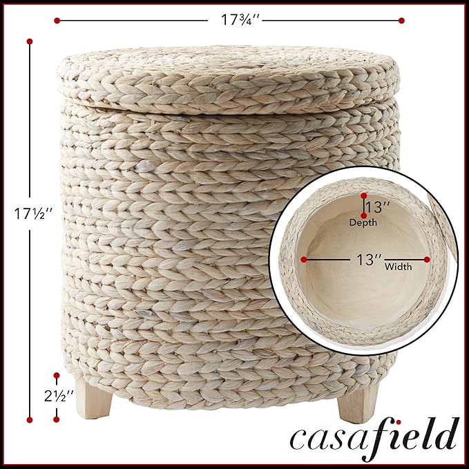 Casafield 17" Round Storage Ottoman with Lid - Whitewash, Handwoven Water Hyacinth Footstool for Living Room, Bedroom, Bathroom, Home Office