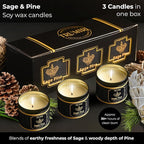 Sage & Pine Candle Strong Scented Soy Candel Natural Non Toxic Velas Aromáticas for Home Gift for Fall Christmas Holidays Pack of 3 5Oz Decorative Tin Jars with Lids