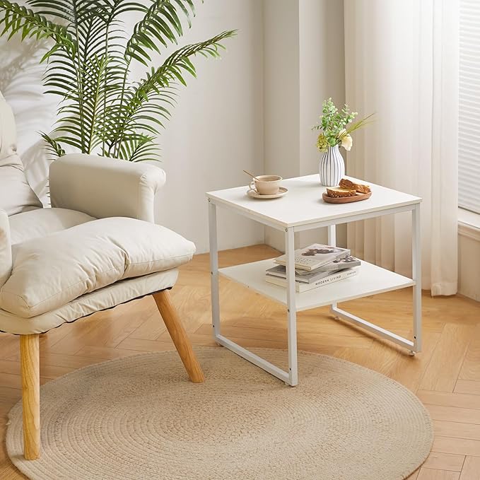 Large End Table for Living Room, Small Table Stand 20 Inch, Fridge Stand Printer Table with Adjustable Shelf, Square Tea Coffee Table for Office White YD-TM153W