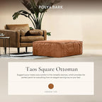 POLY & BARK Taos Ottoman – 37" Square Pouf with Feather-Down Topper – Full-Grain Leather Upholstered Pouf Ottoman for Living Room – Vintage Italian Leather in Cognac Tan