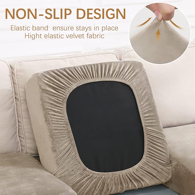 hyha Velvet Couch Cushion Covers, Soft Sofa Seat Covers for sectional 3 Cushion Couch Washable, Magic Sofa Slipcover with Elastic Bottom, Non-Slip Furniture Protector for Pets, Kid(3PC, Taupe)