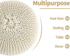 HOMBYS Unstuffed Ottoman Pouf Cover, 100% Cotton Handmade Knitted Ottoman Pouf Cover Round Foot Stool, Floor Bean Bag Chair, Foot Rest with Storage for Living Room Bedroom, Beige(Cover ONLY NO Filler)
