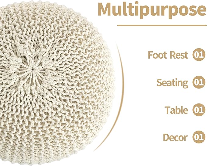 HOMBYS Unstuffed Ottoman Pouf Cover, 100% Cotton Handmade Knitted Ottoman Pouf Cover Round Foot Stool, Floor Bean Bag Chair, Foot Rest with Storage for Living Room Bedroom, Beige(Cover ONLY NO Filler)