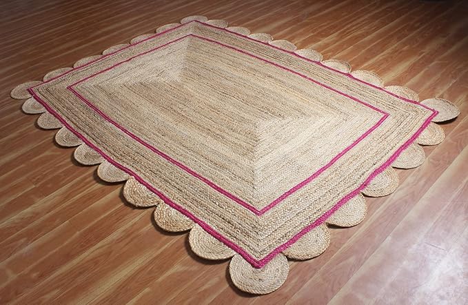 Scalloped Edge Rug, Hand Woven Natural Jute Area Rug, 5x7 Ft Beige & Pink Braided Sisal Kilim Rugs for Living Room, Kitchen, Entryway, Farmhouse