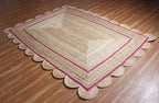 Scalloped Edge Rug, Hand Woven Natural Jute Area Rug, 7x10 Ft Beige & Pink Braided Sisal Kilim Rugs for Living Room, Kitchen, Entryway, Farmhouse