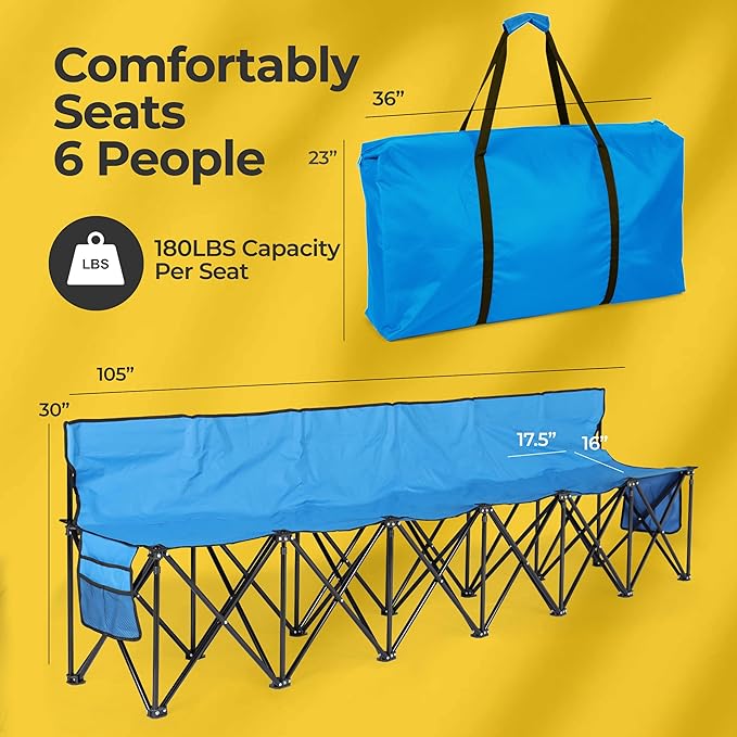 Folding Bench Seat with 2 Pockets for Easy Storage – Portable Lightweight Weather Resistant Sideline Seating Team Bench with a Carrying Bag for Soccer | Baseball | Camping