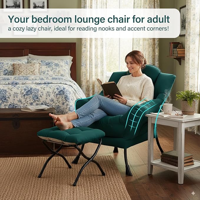Lazy Chair with Ottoman, Modern Accent Chair with Lumbar Pillow, Velvet Dark Green Sofa, Lounge Chairs with Folding Footrest, Oversized Supportive Chairs for Bedroom, Reading