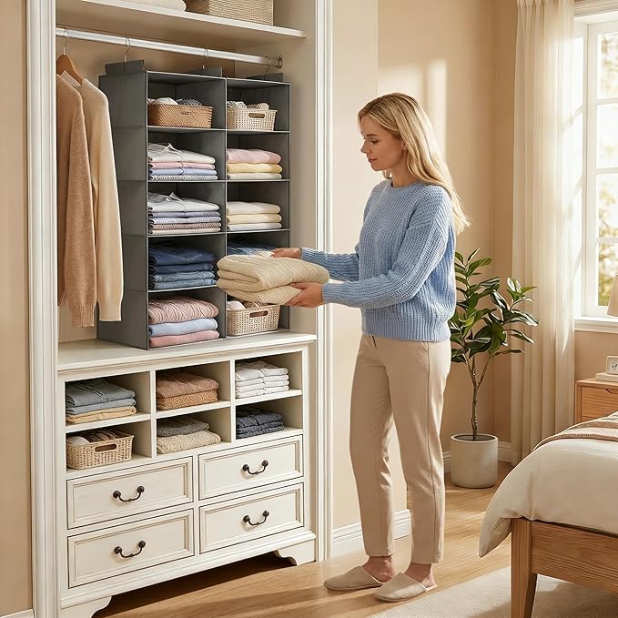 5 Shelves Hanging Closet Organizer – Foldable Dual-Row Hanging Clothes Storage with 3 Hooks, Space-Saving Closet Organizer and Storage for Sweater and Hats, Ideal for Dorms and Bedroom, Grey