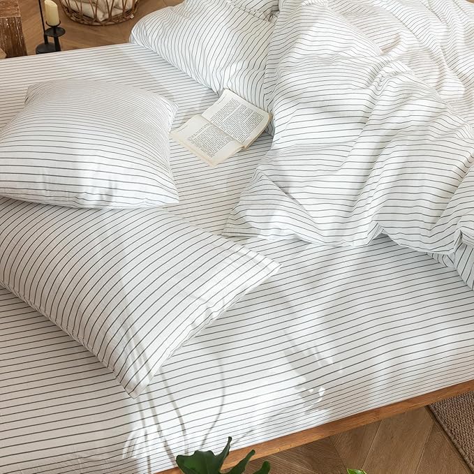 MooMee Striped Duvet Cover Set 100% Washed Cotton Linen Like Textured Breathable Durable Soft Comfy (White Heathered Green Wide Stripes, Oversized King Plus 128"x120")