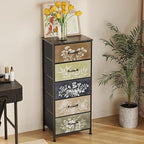 Tohomeor Vintage Dresser Vertical Nightstand with Neutral Botanical Plant Fabric Chest Drawers for Closet Bathroom Storage Tower Unit Bed Side Organizer Farmhouse Rustic (Multi, 5 Drawers)