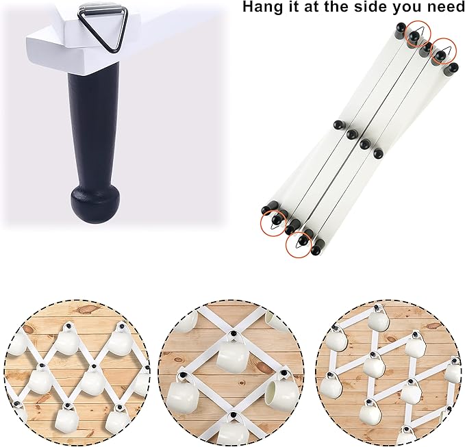 Dseap Accordian Wall Hanger: 16” High Wooden Wall Expandable Coat Rack, Hat Rack Holder, Accordion Hook for Baseball Caps, Coats, Mugs, 14 Peg Hooks, White & Black