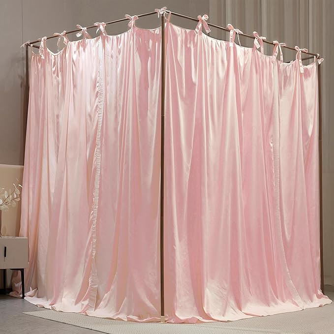 4 Corners Post Princess Curtain Bed Canopy Double Layer Cozy Mosquito Net Mesh and Cloth for Girls Adults Bedroom Decoration (Double-Beigepink/White, 59" W*82" L*82"*H/(Queen))