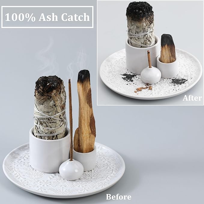 5 in 1 Incense Holder Burner, 5.9" Ceramic Holder for Burning Palo Santo Sage Candle and Incense Sticks Cones, Ash Catcher Tray for Meditation Room Home Décor(White)