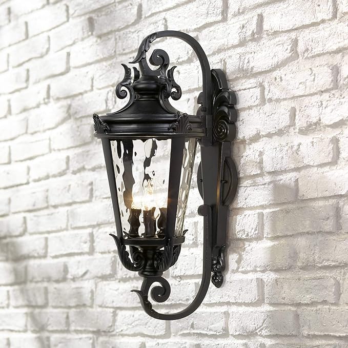 John Timberland Marseille Rustic Vintage Outdoor Wall Light Fixture Textured Black Scroll 27 1/2" Hammered Glass for Exterior House Porch Patio Outside Deck Garage Yard Front Door Garden Home