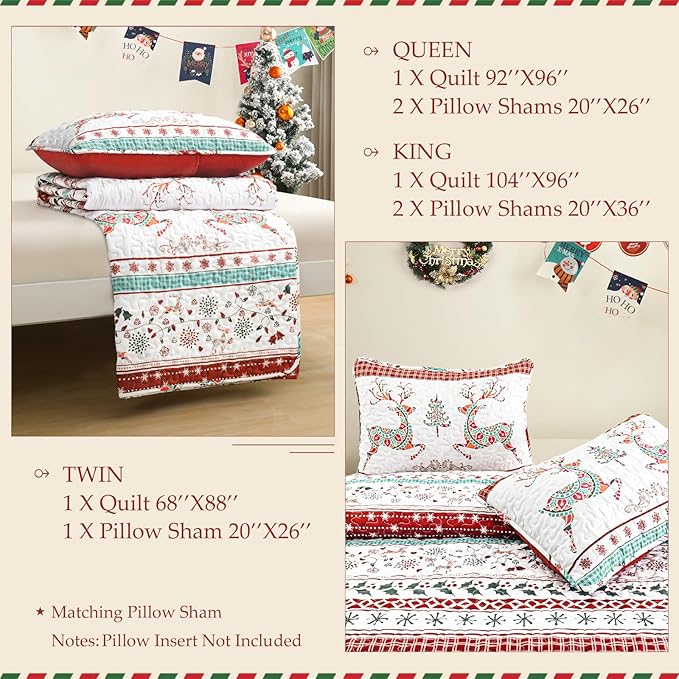 Exclusivo Mezcla Reversible Christmas Quilts Twin Size, Red Bedspread Lightweight Coverlet Winter Quilt Bedding Set with Printed Striped Flowers Reindeer Pattern (1 Quilt, 1 Pillow Sham)
