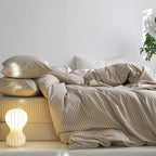 MooMee Striped Duvet Cover Set 100% Washed Cotton Linen Like Textured Breathable Durable Soft Comfy (Tannish Linen Grey White Wide Stripes, Super King Plus 120"x120")