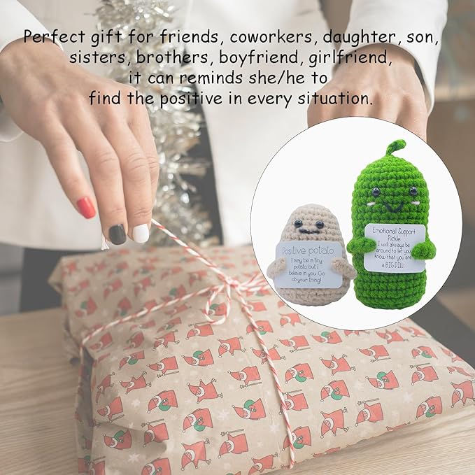 Mini Funny Positive Potato Birthday Gifts for Women Men, 2PCS Emotional Support Pickle Crochet Cucumber Doll Inspirational Gifts for Friends Coworker, Cute Room Decor Boys Girls Stocking Stuffers