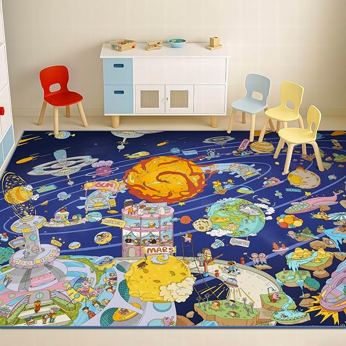 Galaxy 8x10 Educational Kids Rug for Classroom – Interactive Solar System Design with Planets, Spaceships, Astronauts & Fun Characters – Perfect for STEM Learning & Creative Play Spaces