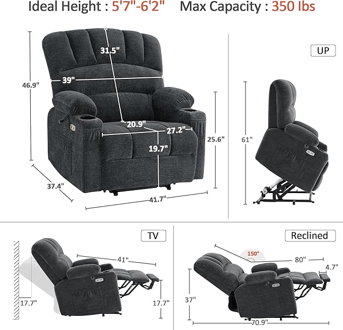 MCombo Oversized Power Lift Recliner Chair for Elderly, Lift Chair with Heat and Massage, Lift Recliner for Big and Tall, Cup Holders, USB & Type C Ports, Fabric R7092 (Dark Grey, Oversize)