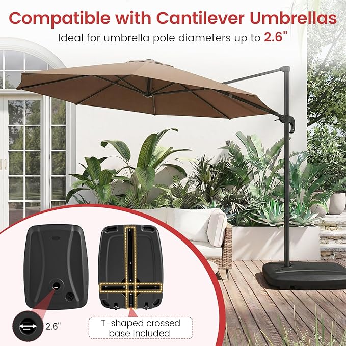 Giantex Fillable Cantilever Umbrella Base with Wheels, 225 lbs Sand & Water Capacity, HDPE Offset Umbrella Stand with T-Shape Cross Base, Fits Poles up to 2.6'', for Patio Pool Deck