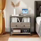 27 Inch Wide Night Stand Set 2 with Charging Station, Wood Nightstand with Open Shelf, Large Drawer Bedside Table for Living Room/Bedroom/Office(Rustic Gray)