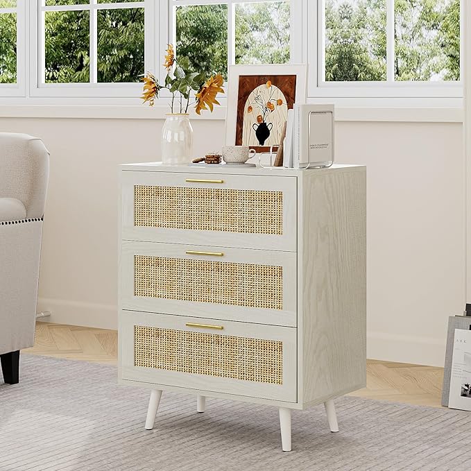 Rattan Night Stand Boho End Table with 3 Storage Drawer Wooden Bedside Tables Bed Side Table Accent Tables for Bedroom Small Space (White Cream Oak)