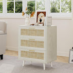 Rattan Night Stand Boho End Table with 3 Storage Drawer Wooden Bedside Tables Bed Side Table Accent Tables for Bedroom Small Space (White Cream Oak)