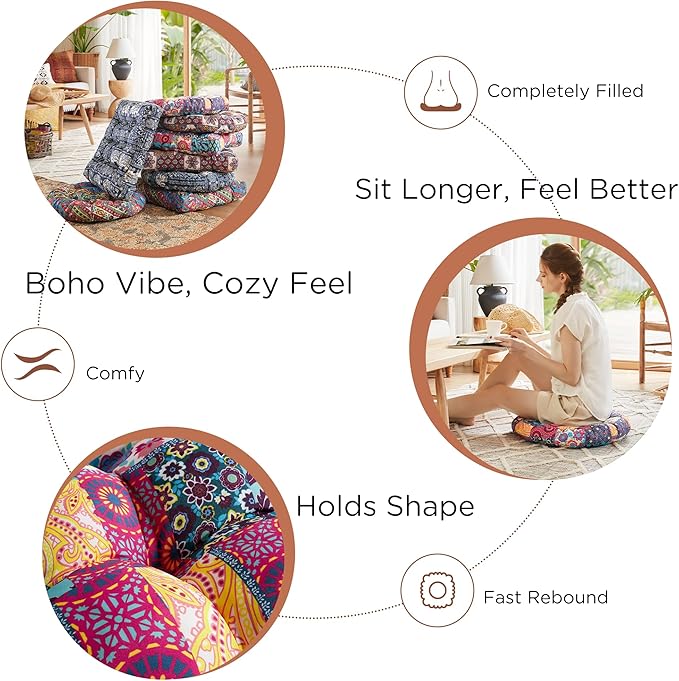 Codi Meditation Floor Pillow, Boho Pillows Seating for Adults and Kids, Large Round Cushion for Yoga Living Room Tatami Sitting, Memory Foam Added, 22x22 Inch, Multi Patchwork