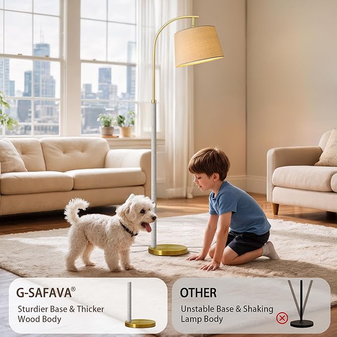 63" Wood Floor Lamps for Living Room with Foot Switch Arc Tall Standing Lamp for Bedroom Mid Century Modern Corner Gold Floor Lamps for Office Nursery Industrial Reading Lamp, White